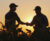 Two farmers shake hands in a soybean field. The sun is setting behind them, shadowing their figures.